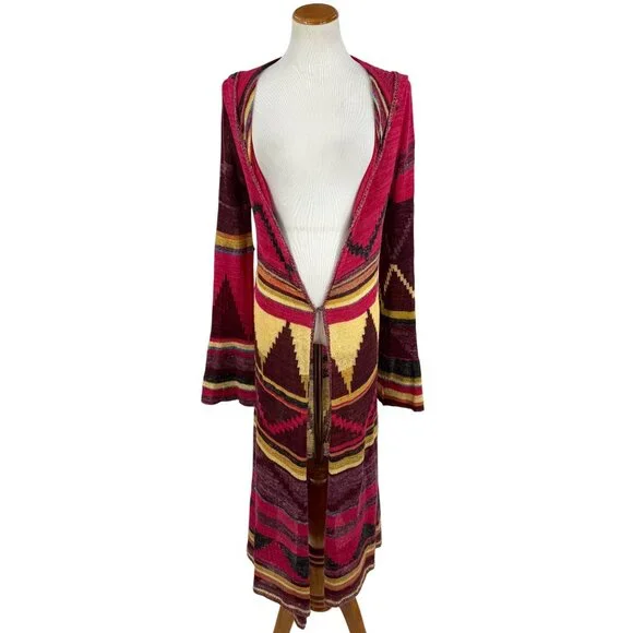 Free People Hooded Long Multicolor Cardigan | Boho Coastal Cowgirl Tribal Indie - Picture 13 of 16